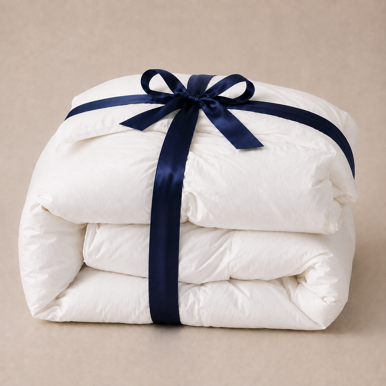 A folded fluffy 850 loft hutterite goose down comforter, wrapped with a dark navy blue satin ribbon tied in a bow, set against a neutral beige background.