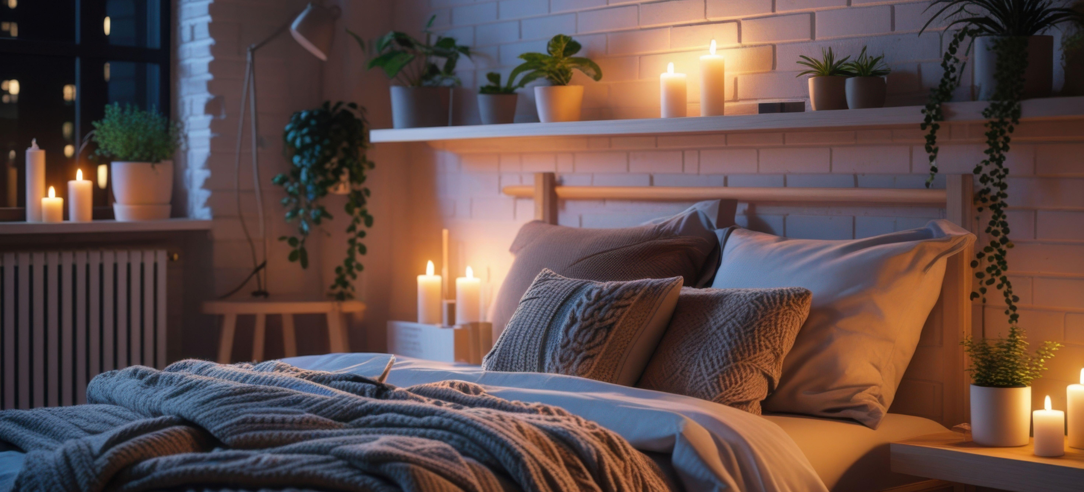 Cozy candlelit dormitory bedroom with duvet, pillows, sheets, and mattress topper in University College. Back to School.