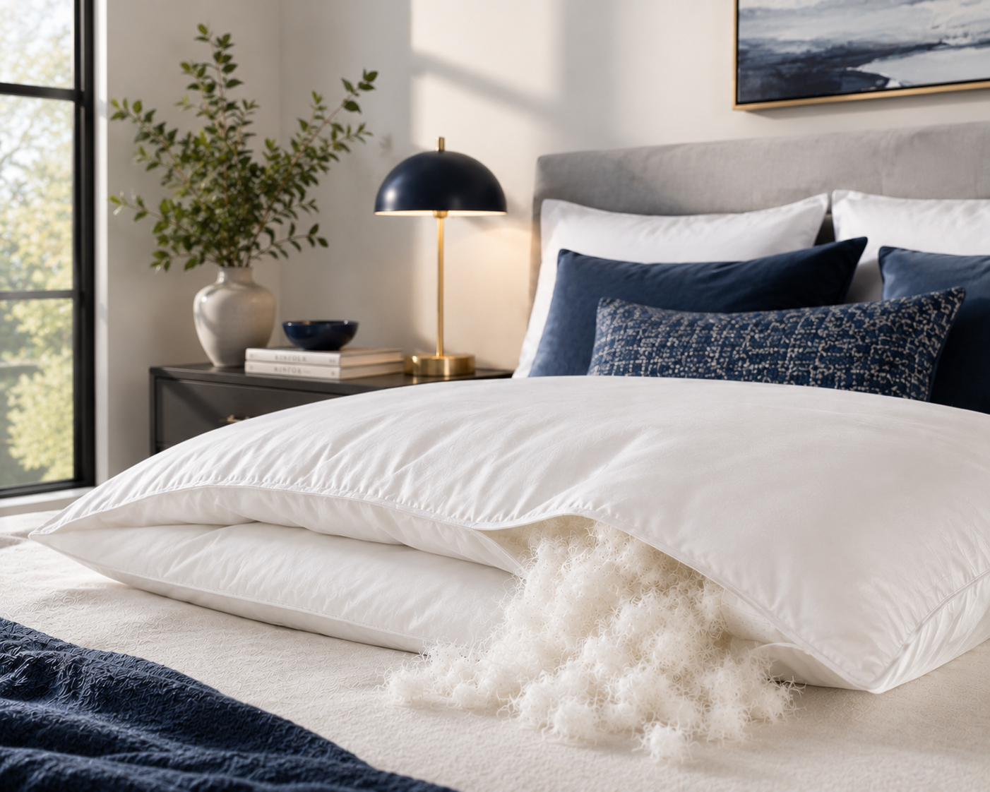 Hungarian White Goose Down clusters spilling from a Royal Elite pillow on a bed with navy accent pillows, showing the loft and fill quality used in the Hungarian White Goose Down Duvet.