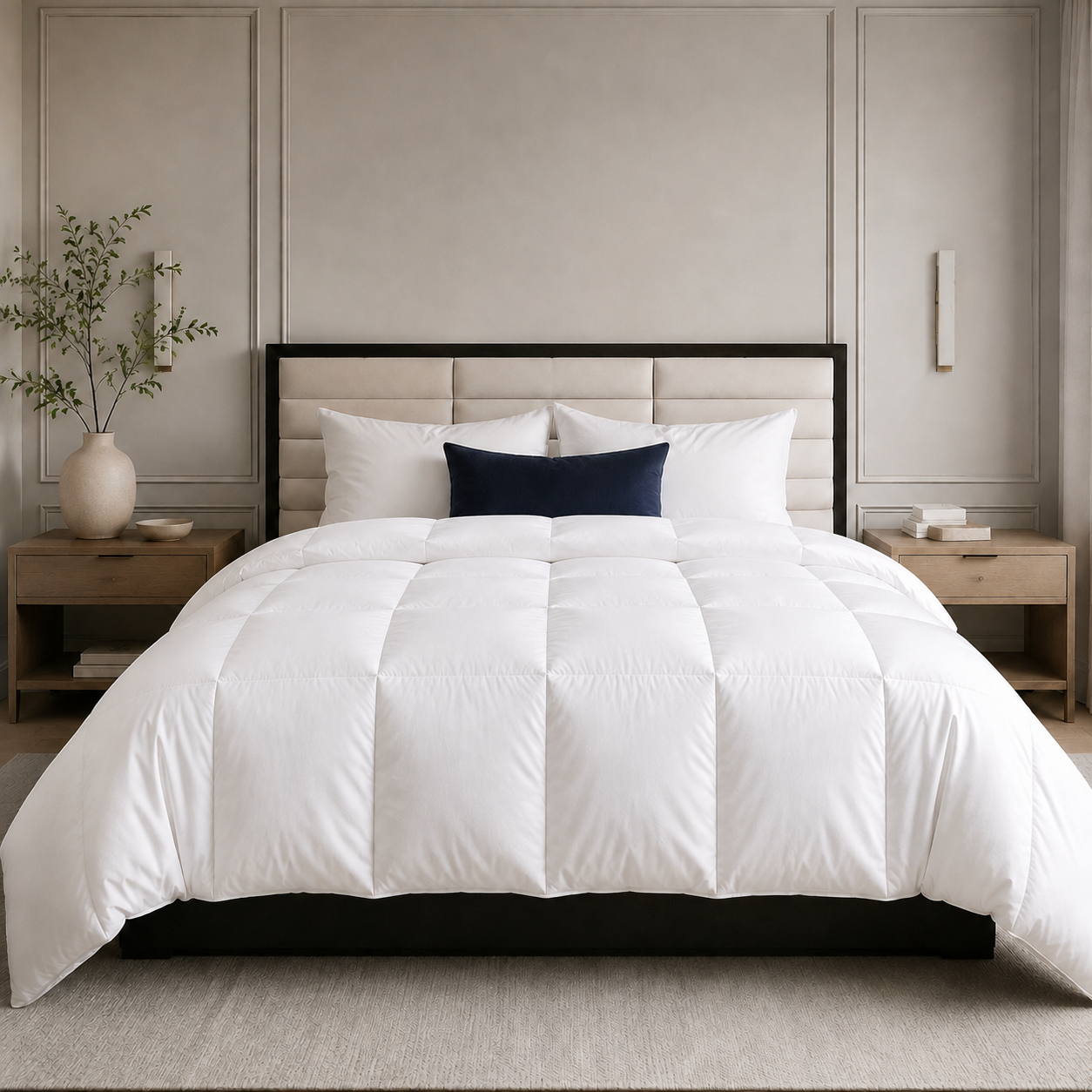 A neatly made bed in a styled bedroom, featuring a hutterite white down comforter with white and navy pillows, a beige upholstered headboard, and light wood bedside tables with a vase and books.