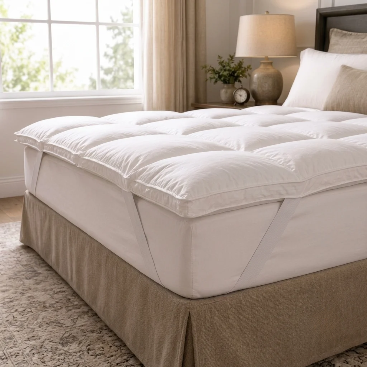 Royal Elite featherbed mattress topper layered over a bed for added softness and comfort.