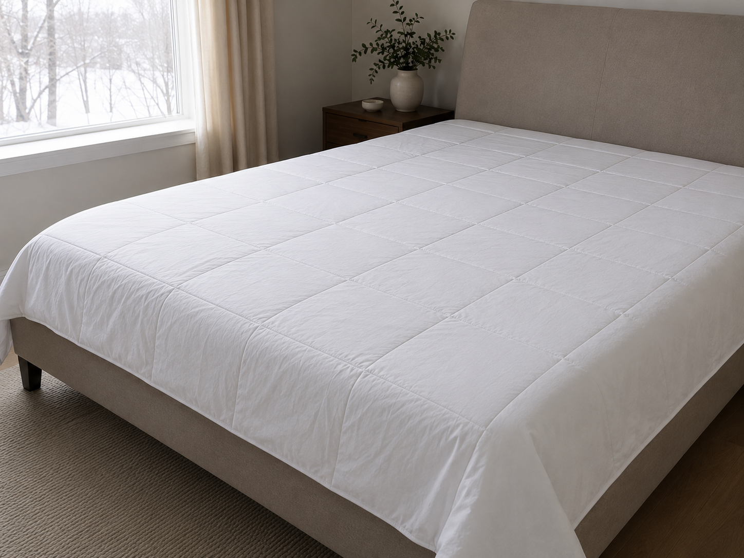 Silk duvet comforter freshly unpacked and lying flat on a bed, showing fold creases and its low, thin profile before first use