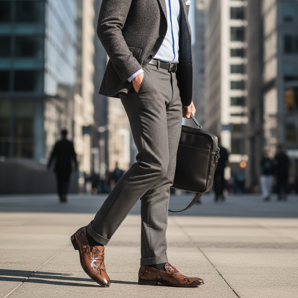 Man wearing snake print leather loafers with tailored outfit walking in city