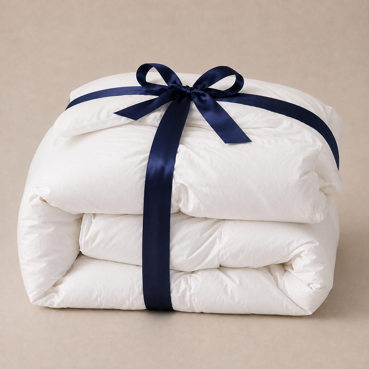 A folded fluffy 850 loft hutterite goose down comforter, wrapped with a dark navy blue satin ribbon tied in a bow, set against a neutral beige background. 