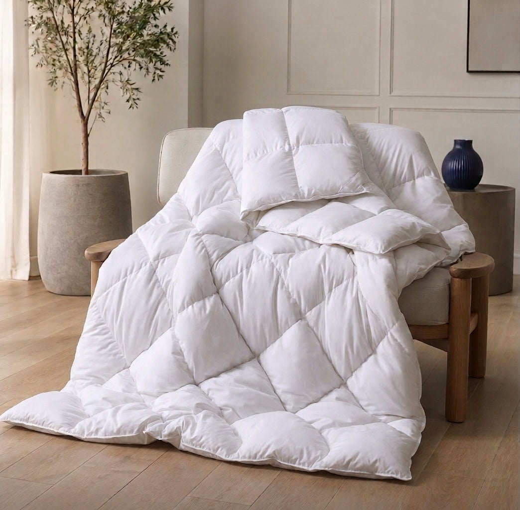 A fluffy white comforterdraped over a wooden chair in a softly lit room with light wood flooring and neutral decor.