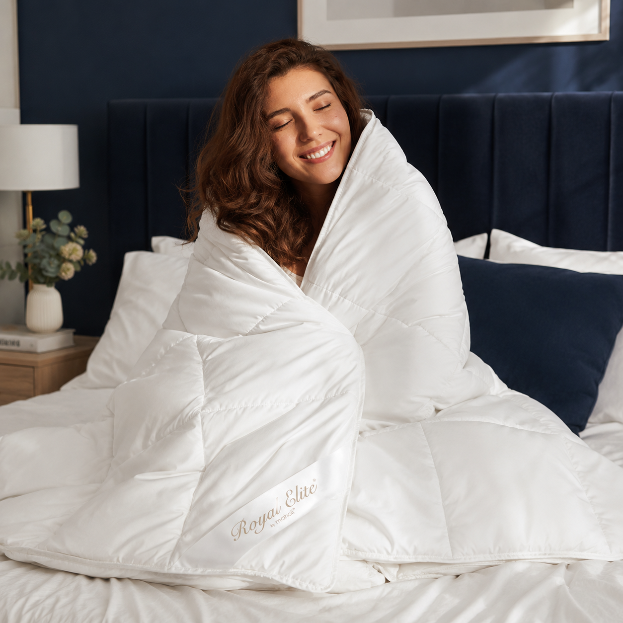 Model happy on washable wool duvet