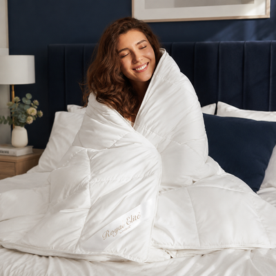 Model happy on washable wool duvet