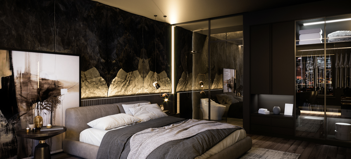 Ambassador Feather & Down Duvet featured in a modern luxury bedroom with layered grey and white bedding and warm ambient lighting.