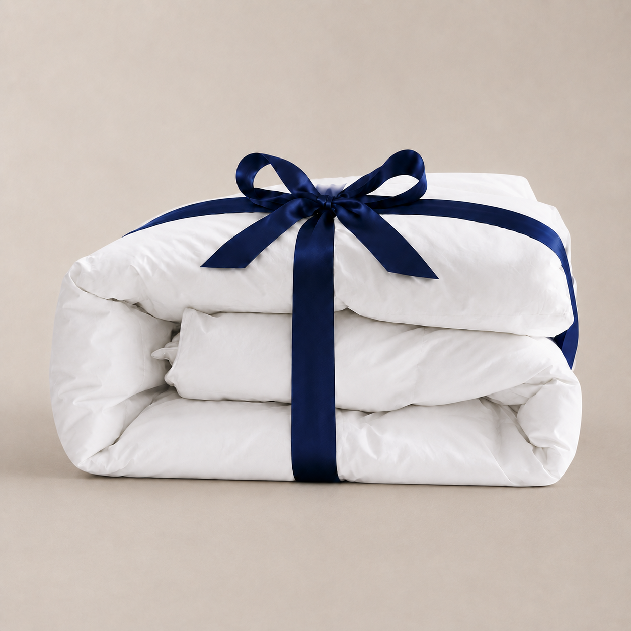 A folded white down comforter, wrapped with a wide dark navy ribbon and bow, photographed on a plain warm beige studio background.