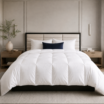 A neatly made bed in a styled bedroom, featuring a hutterite white down comforter with white and navy pillows, a beige upholstered headboard, and light wood bedside tables with a vase and books.