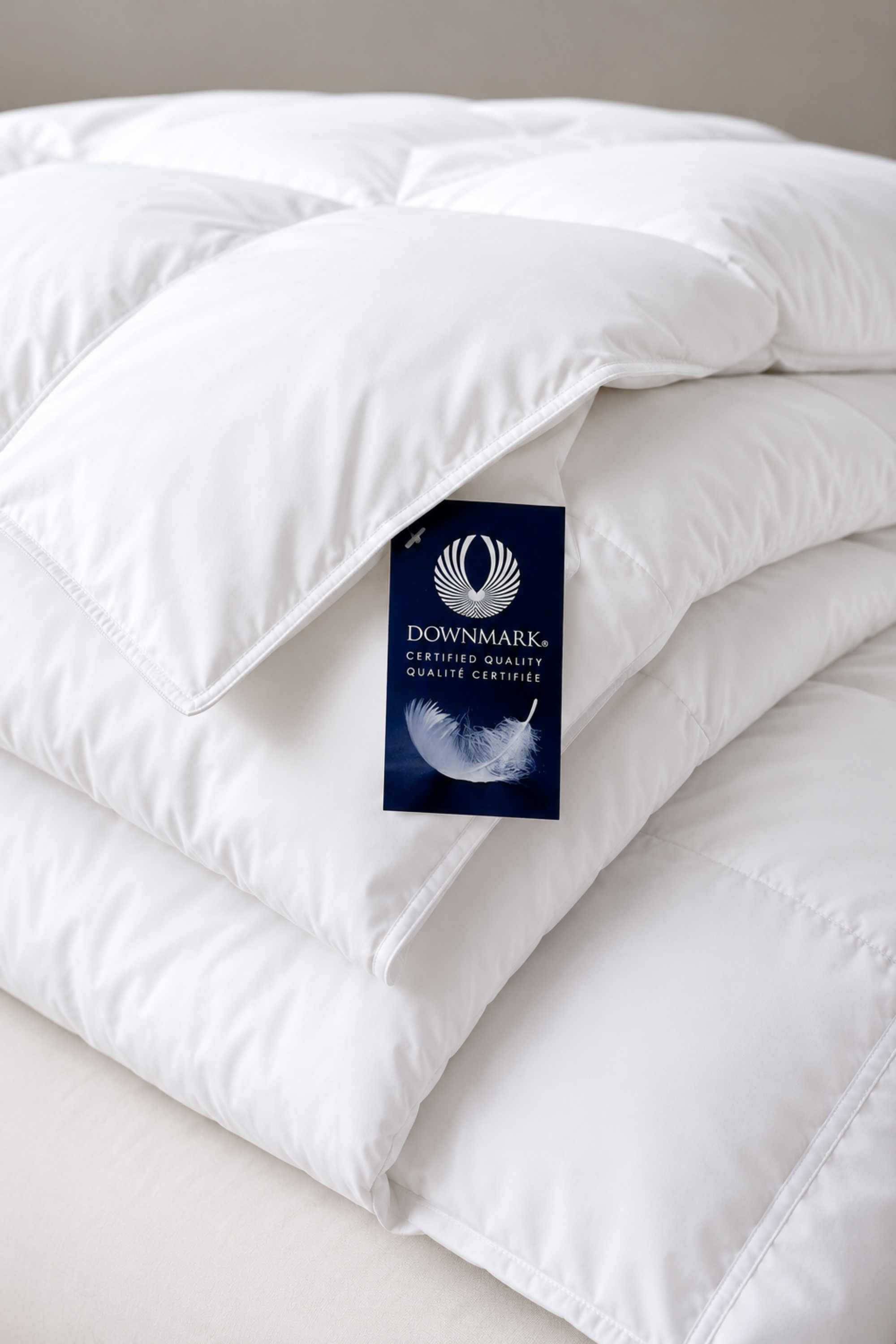 DOWNMARK certification law tag sewn onto a Royal Elite Hungarian White Down Duvet.