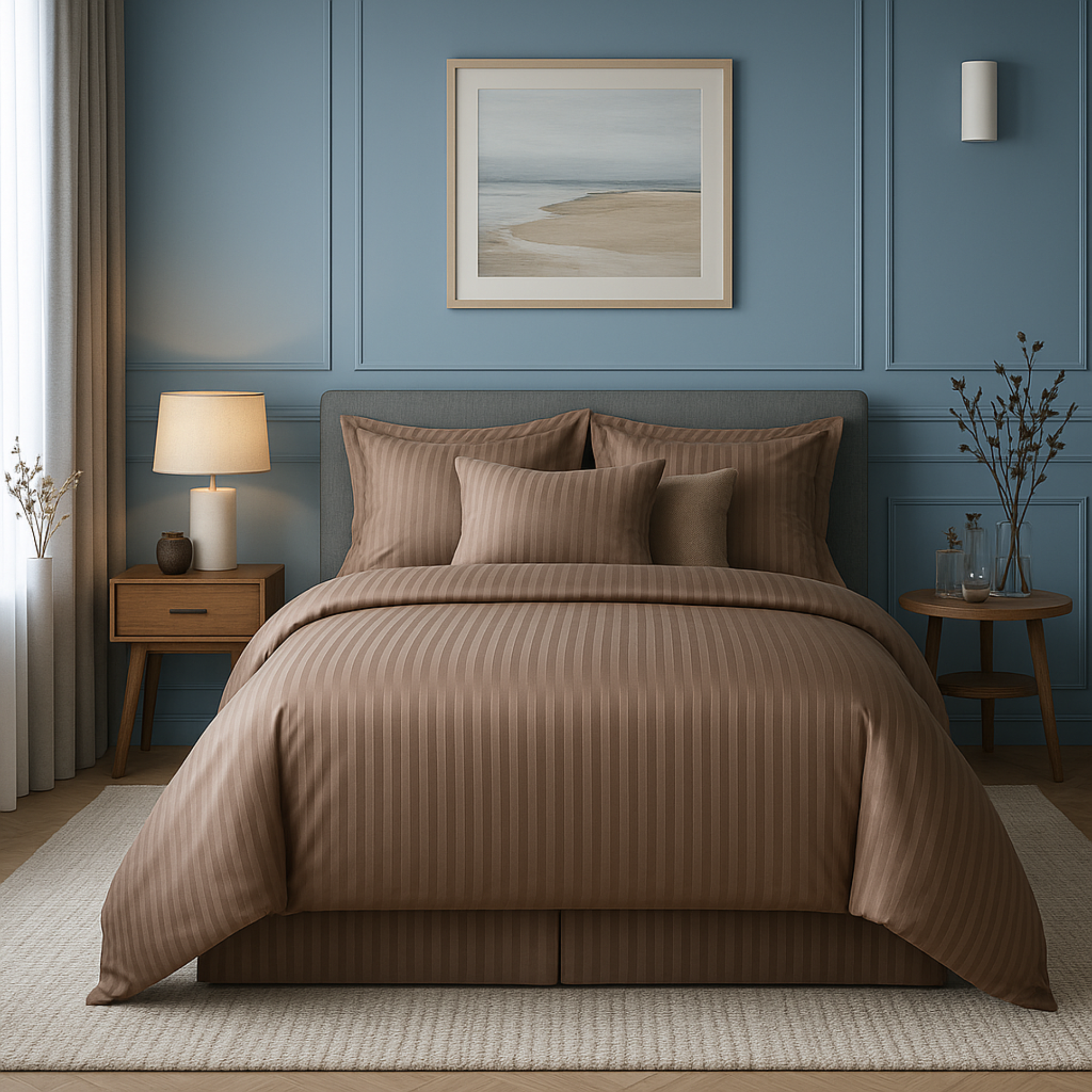 Royal Elite Damask Stripe Duvet Cover Set and made in Canada. Silk smooth sheets in the bedroom.