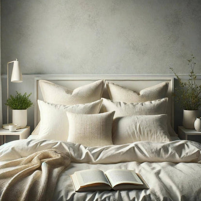 Royal Elite Feather & Down Duvet styled on a cozy neutral bedroom bed with layered pillows and soft bedding.