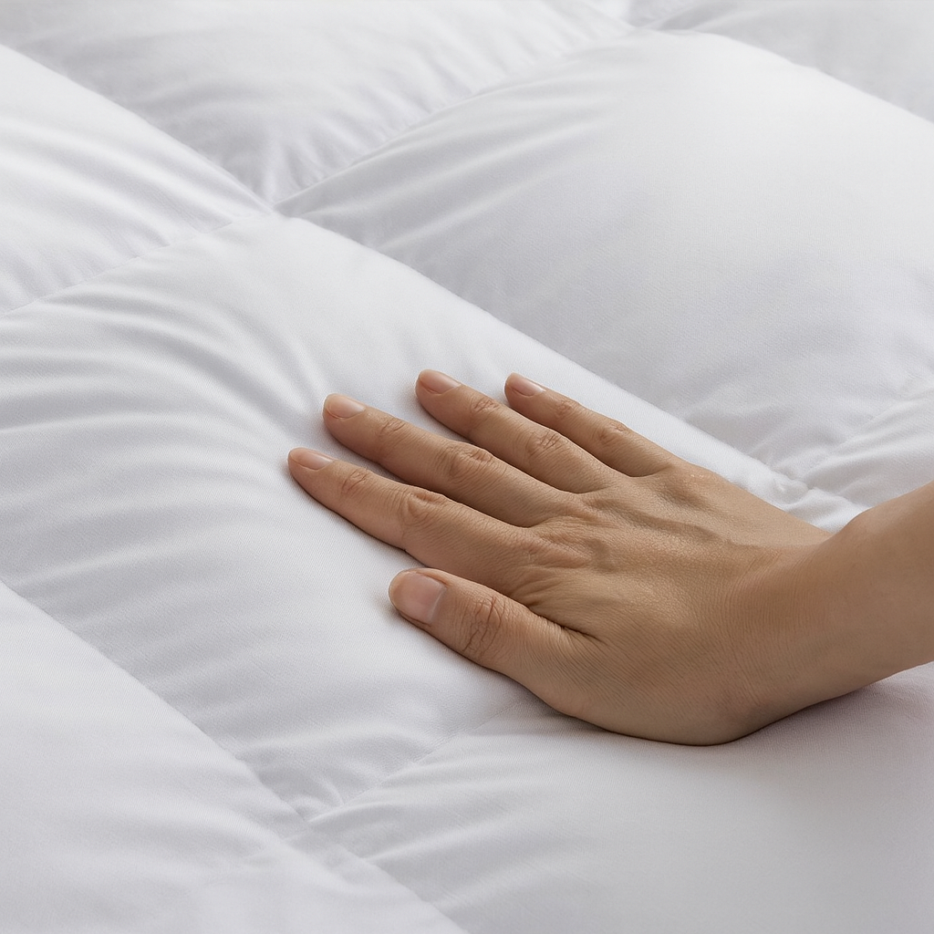 Close-up of a hand touching the Royal Elite Feather & Down Duvet, highlighting its soft feel and plush quilted loft.