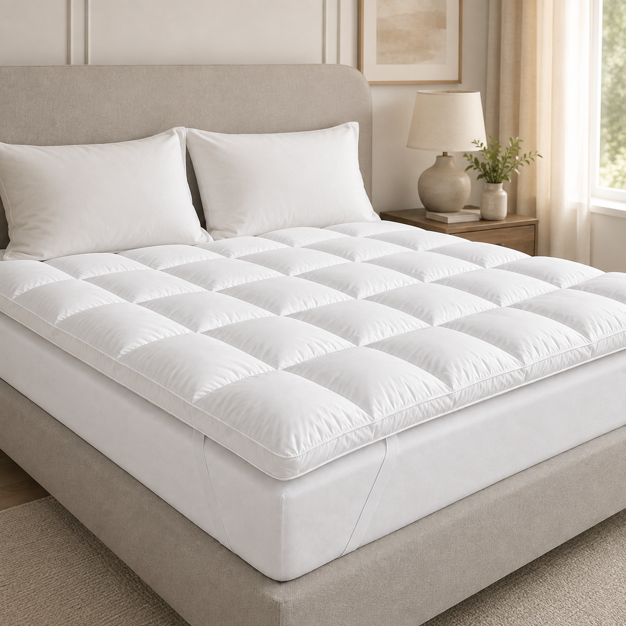 Royal Elite Down Top Featherbed layered on a bed with white bedding, made in Canada.