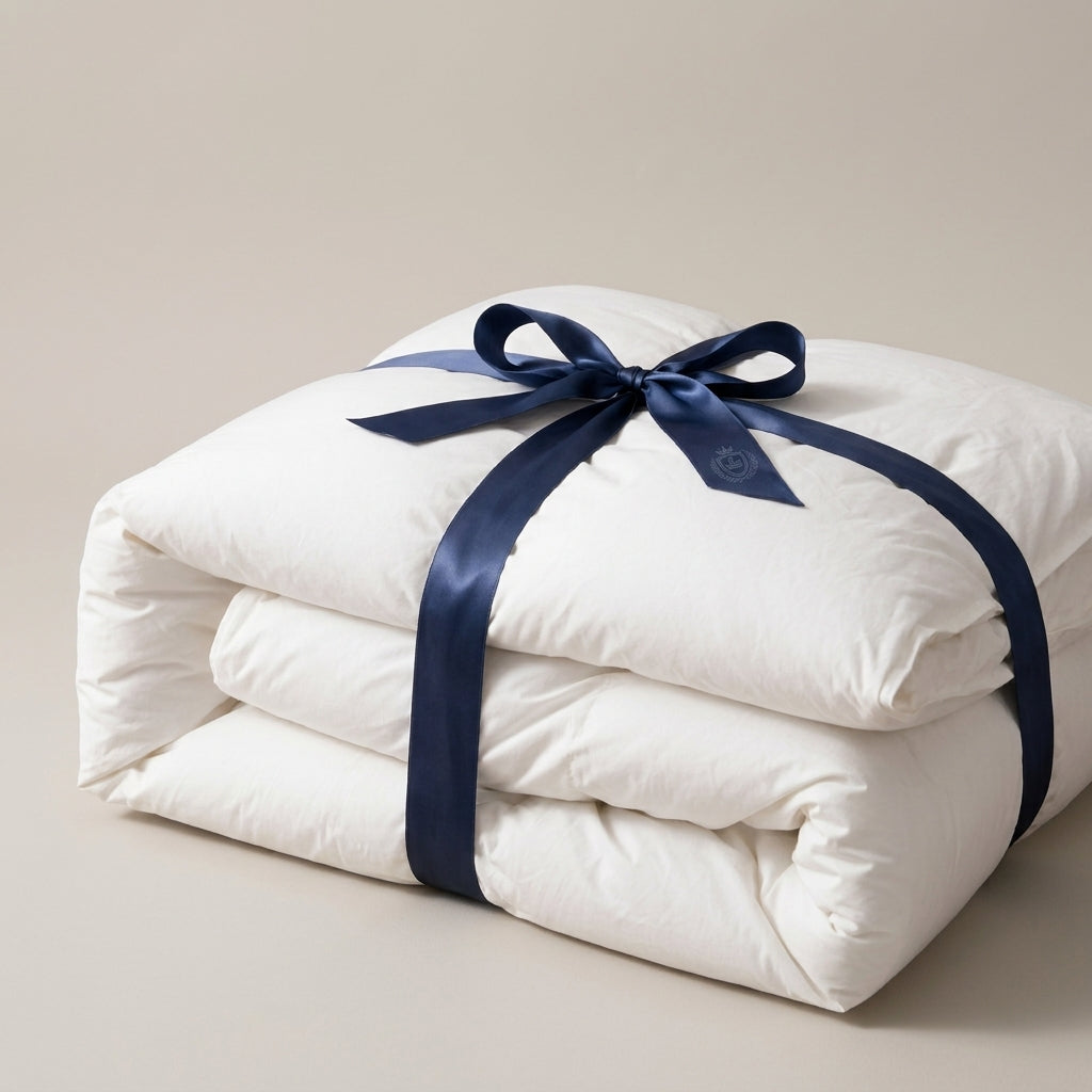 A folded white down comforter, wrapped with a dark navy satin ribbon tied in a bow, set against a plain beige studio background.