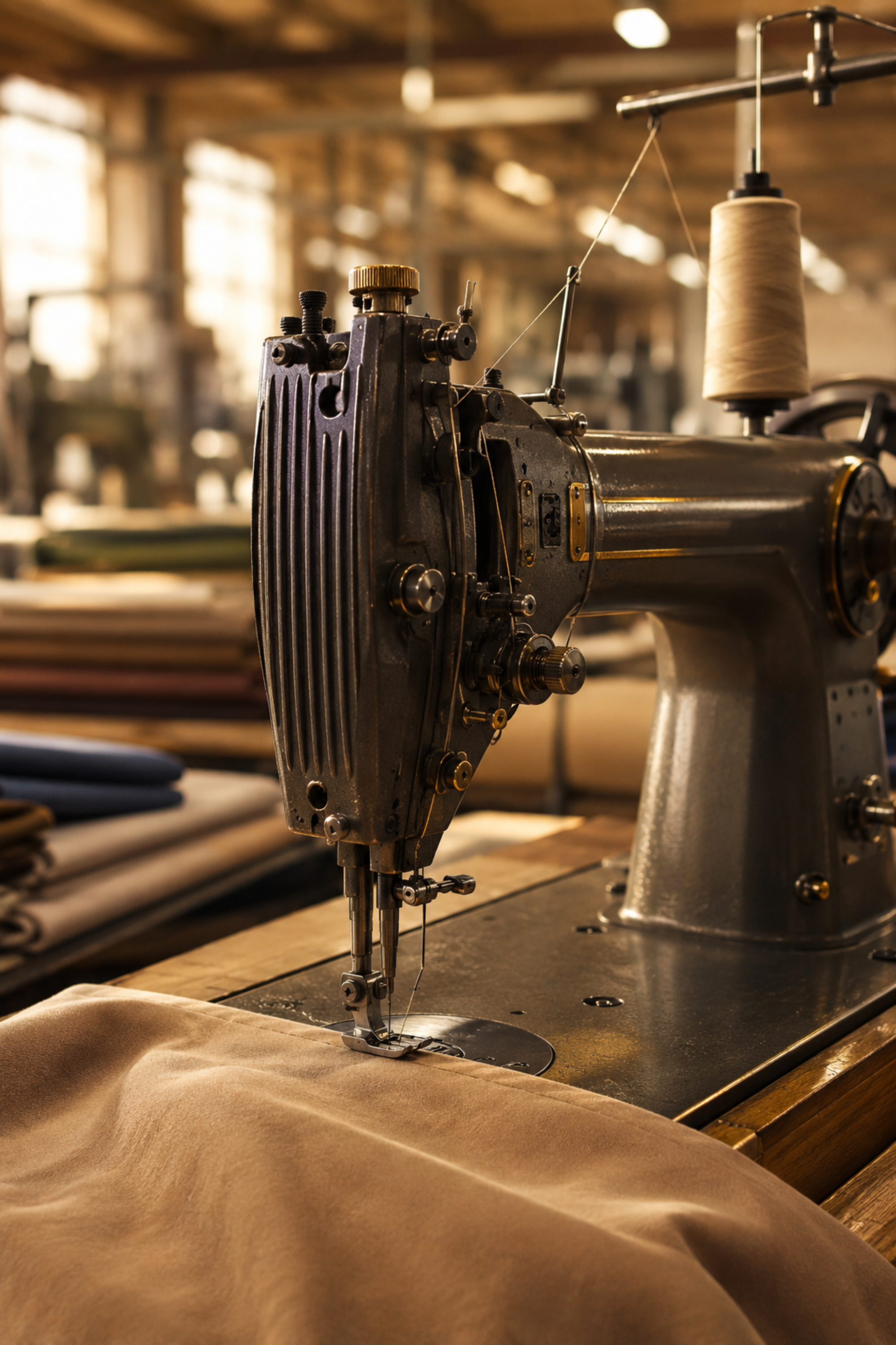 Close-up of Maholi industrial sewing machine in a textile workshop in April 1994 manufacturing of Royal Elite products.