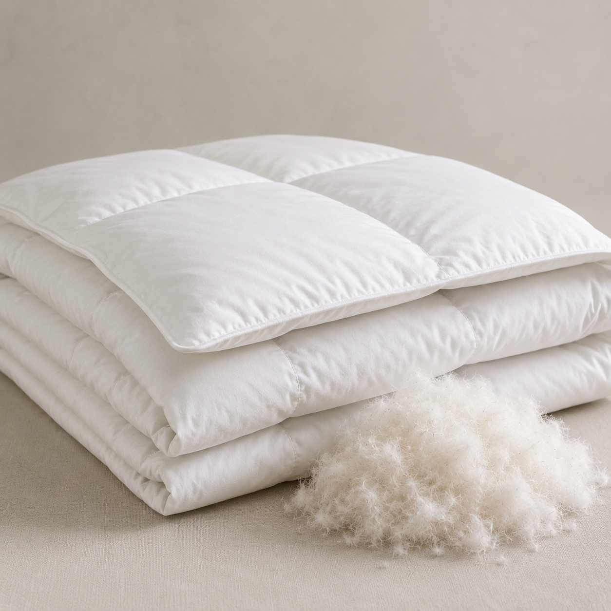 Folded Royal Elite White Goose Down Duvet with loose white goose down beside it, illustrating the lightweight loft of its 650+ fill power fill.