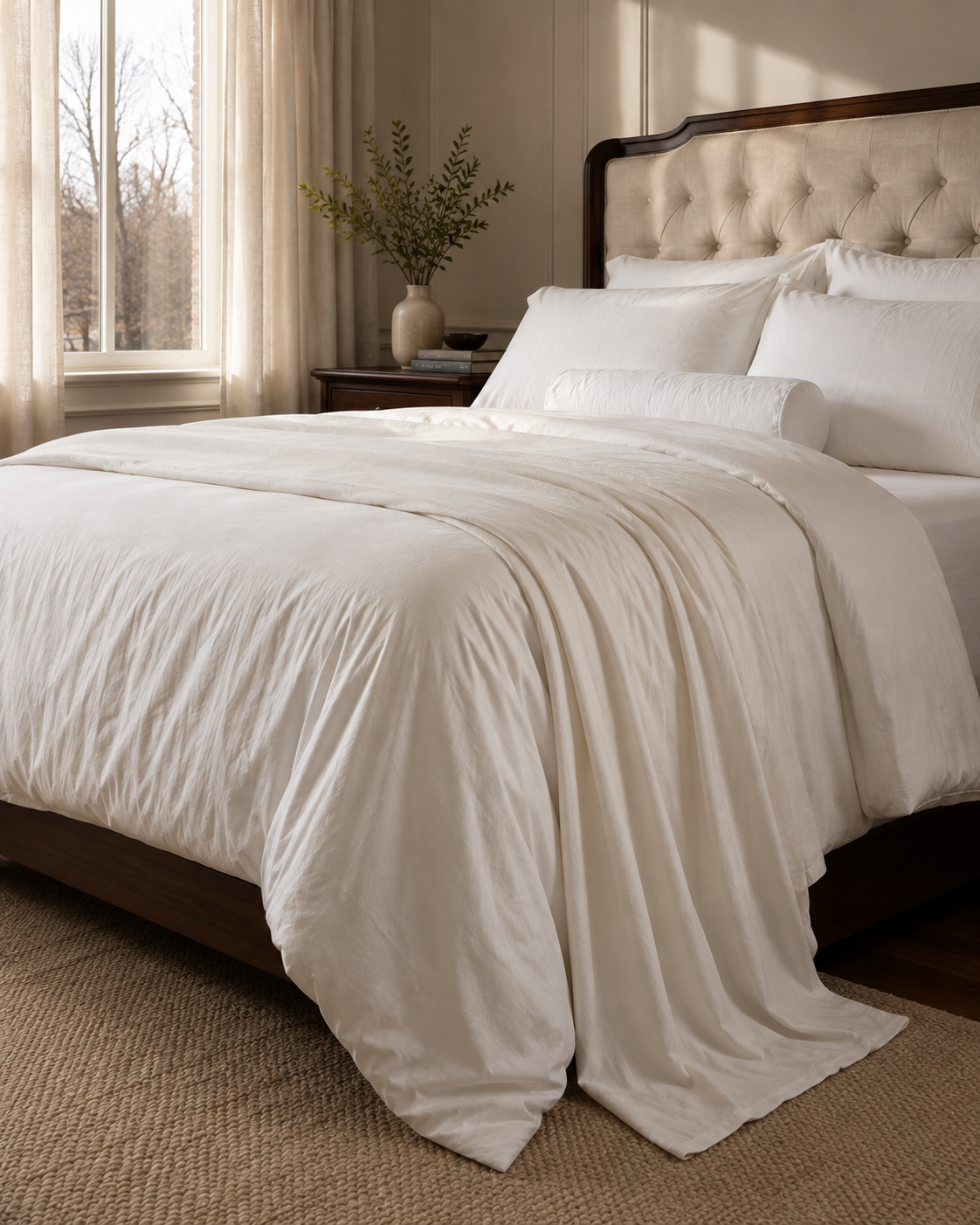 Silk duvet comforter lying close to the mattress and falling in long soft folds over the side of the bed.